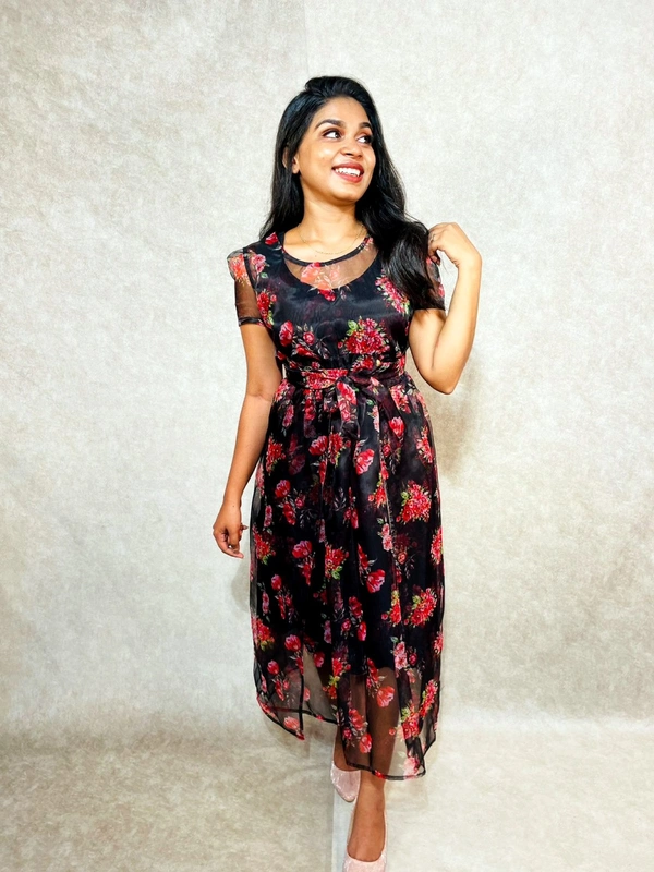ORGANZA FLORAL PRINTED FULL WRAP CASUAL DRESS WITH INNER _ DRESS - Black, XXXL-46