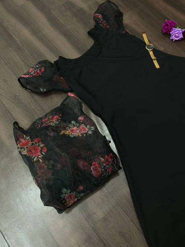 ORGANZA FLORAL PRINTED FULL WRAP CASUAL DRESS WITH INNER _ DRESS - Black, XXXL-46