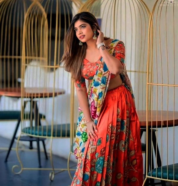 Kalamkari Lehenga Choli - Orange, M UP TO L