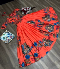Kalamkari Lehenga Choli - Orange, M UP TO L