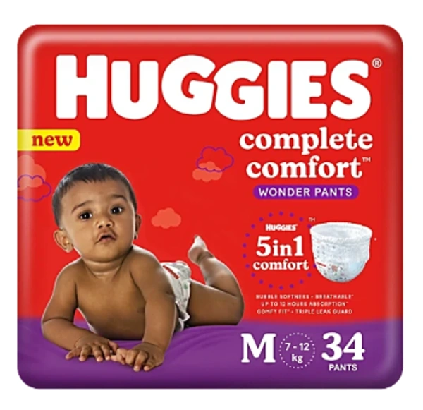Huggies Complete Comfort Wonder Pants Medium (M) Size Baby Diaper Pants, with 5 in 1 Comfort, 34 pcs Pouch