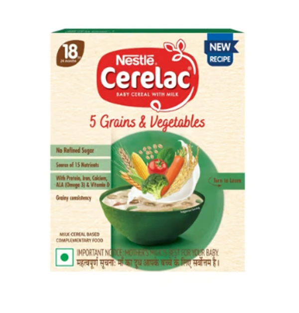Cerelac  Nestle Cerelac 5 Grains & Vegetables Baby Cereal (No Refined Sugar, 18-24 Months) - 300 GM