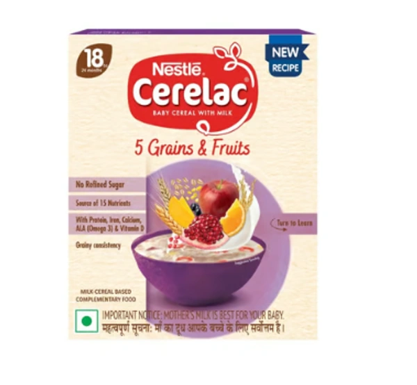 Cerelac  Nestle Cerelac 5 Grains & Fruits Baby Cereal (No Refined Sugar, 18-24 Months) - 300 GM