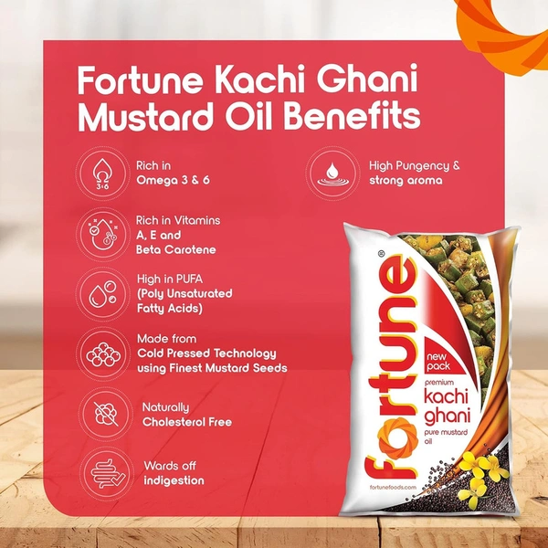 Fortune Kachi Ghani Mustard Oil - 1 Lit Pouch - 