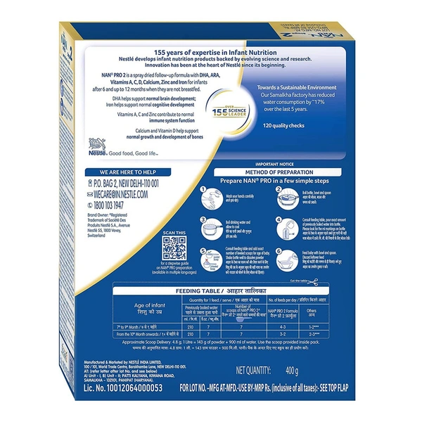 Nestle Nan Pro Stage 2 Formula Powder - 6-12 Months - 400 GM