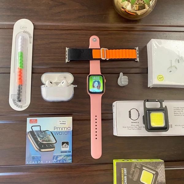 *_2023 APPLE TOP SELLING COMBO OFFER🔥💯👌_**9 in 1 BooM Combo* ❣️❣️*7a Quality* 🔥🔥✓ *Apple Serise 8*✓ (Super Fast 🖖 Stylish design)✓ (Set Owen wallpaper+ Bt calling)✓ (World's Biggest Sold Smartwatch)✓ *Apple Size 44 Mm Alpino Strap*✓ *Hige quality Apple white Nike Box* ✓ *Airpord Tws*✓ (beep Hd sound Boom Boom)✓ *Transfernt Airpord Case*✓ *Apple Smart watch PaMa Screen protect - Black