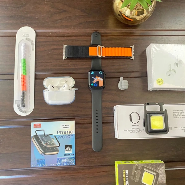 *_2023 APPLE TOP SELLING COMBO OFFER🔥💯👌_**9 in 1 BooM Combo* ❣️❣️*7a Quality* 🔥🔥✓ *Apple Serise 8*✓ (Super Fast 🖖 Stylish design)✓ (Set Owen wallpaper+ Bt calling)✓ (World's Biggest Sold Smartwatch)✓ *Apple Size 44 Mm Alpino Strap*✓ *Hige quality Apple white Nike Box* ✓ *Airpord Tws*✓ (beep Hd sound Boom Boom)✓ *Transfernt Airpord Case*✓ *Apple Smart watch PaMa Screen protect - Black