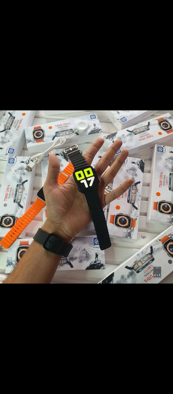 Pakka Budget FriendlyNew SmartWatch Ultra 8Available In 2 coloursBlack (Mate Black Aluminium Case) Orange (Space Grey Aluminium Case)App name: Fit ProSpecifications:-T800 Ultra✔Full Screen 49 mm 1.93 inch HD DisplayDrop Down MenuCalculator5 + menu styleLatest Watch FacesUser Interface ever✓ Whatsapp, insta, Messages Notification (firpro app)A Varity Of OutDoor Sports - International Orange