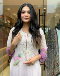 White Floral Kurti Set - White, L (40)