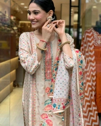 Elegant Satin Outfit with Silk Pant & Embroidered Dupatta – Multiprint & Stonework Design - M (38)