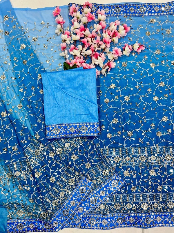 Elegant Heavy Fox Georgette Embroidered Partywear Saree
