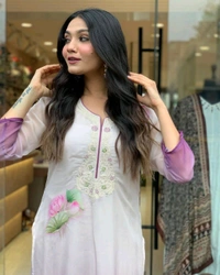 White Floral Kurti Set - White, 3XL (46)