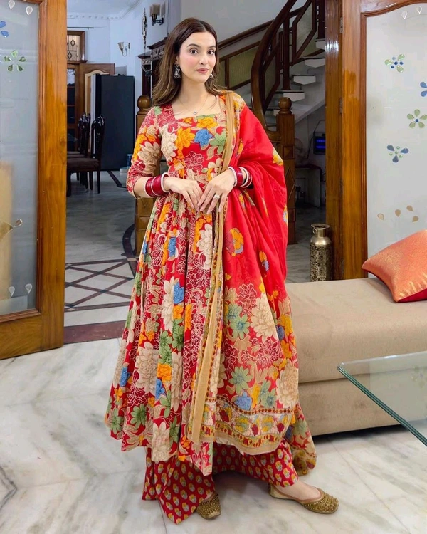 Red Floral Designer Kurti - L (40), Red