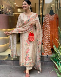 Elegant Satin Outfit with Silk Pant & Embroidered Dupatta – Multiprint & Stonework Design - XL (42)