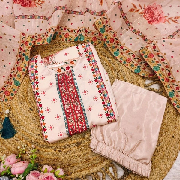 Elegant Satin Outfit with Silk Pant & Embroidered Dupatta – Multiprint & Stonework Design - XL (42)