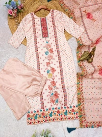 Elegant Satin Outfit with Silk Pant & Embroidered Dupatta – Multiprint & Stonework Design - XL (42)