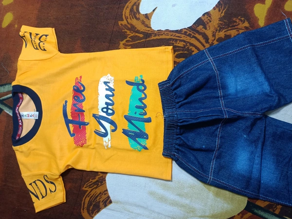 00O Cotton T Shirt With Jins Pant - Yellow, 24