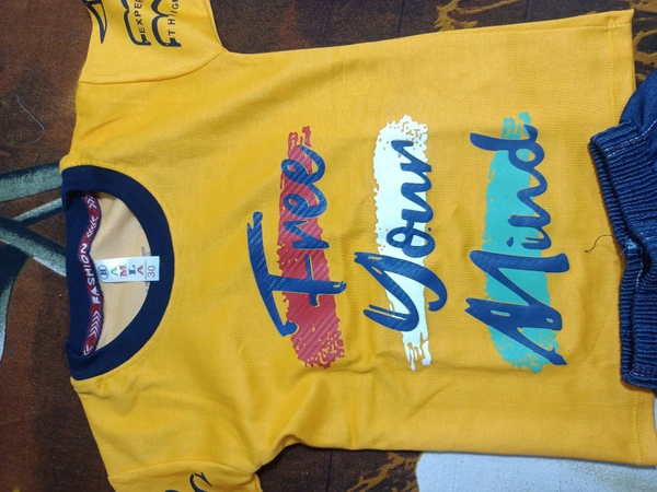 00O Cotton T Shirt With Jins Pant - Yellow, 24