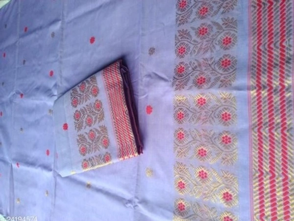 Handmade ac cotton mekhela sador with side pari and blouse piece. - Cash On Delivery