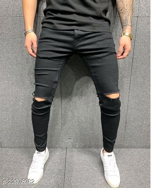 fcity.in - Comfits Black Knee Cut Jeans / Ravishing Trendy Men Jeans