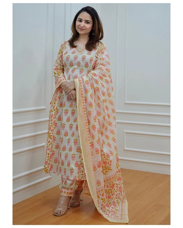 Block Print Cotton Suit With Dupatta  - White