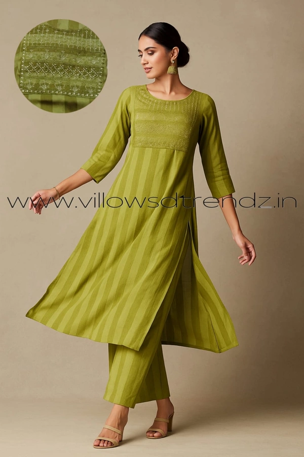 Avaasa Kurtis| Side Cut| 3/4th Sleeve| Green | AV240054 - S, Green