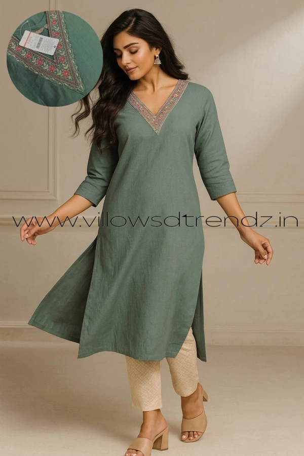 Avaasa Kurtis| Side Cut| 3/4th Sleeve| Peach Green | AV240074 - L, Peach Green