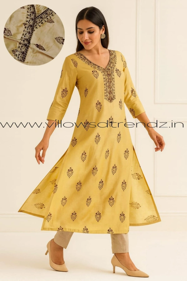 Avaasa Kurtis| Side Cut| 3/4th Sleeve| Yellow | AV250084 - S, Yellow