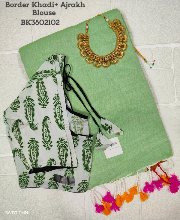 Ruthvi Ethincs Border Khadi With Ajrakh Blouse BK3802102 - Saree With Blouse, Light Green