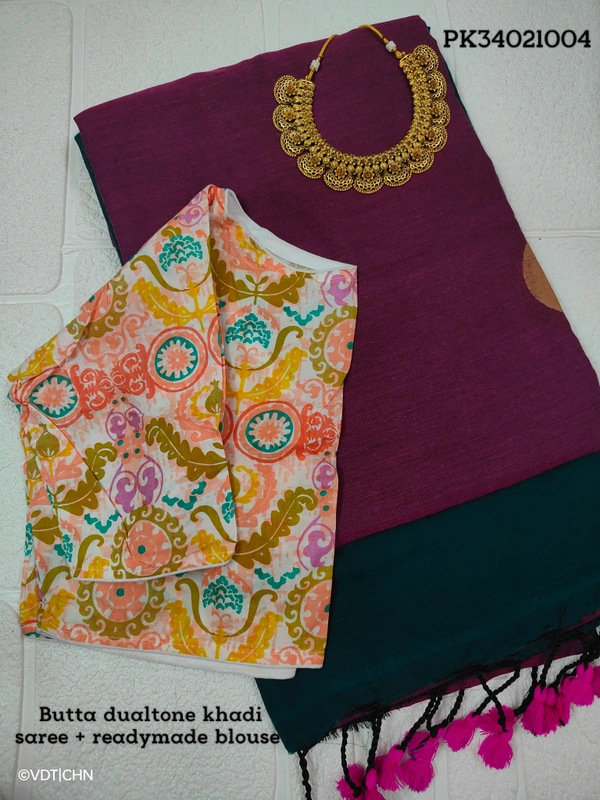 Ruthvi Ethincs Butta Dualtone khadi Cotton Saree With Blouse PK34021004 - Saree With Blouse, Purple