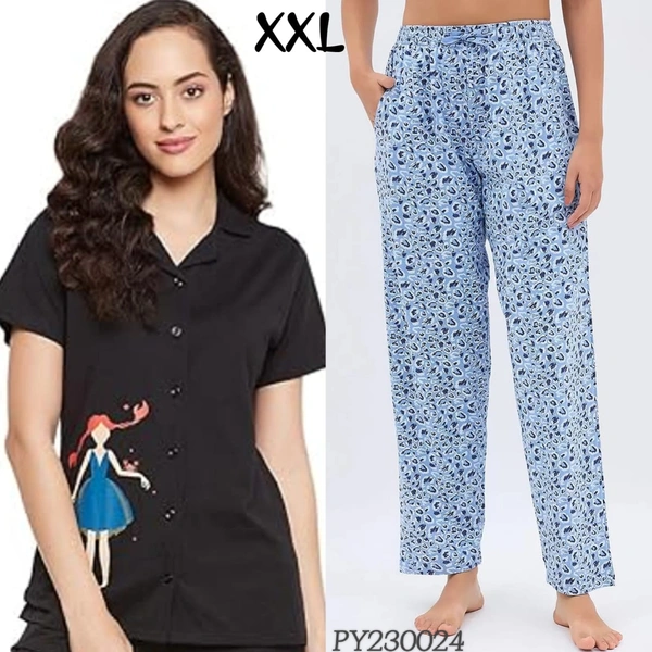 Clovia Button Down Shirt & Pyjama  Set |100% Cotton| Black | PY230024 - 2XL, Black