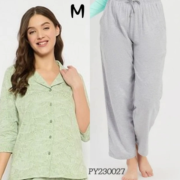 Clovia Button Down Shirt & Pyjama  Set |100% Cotton |Light Green| PY230027 - M, Light Green