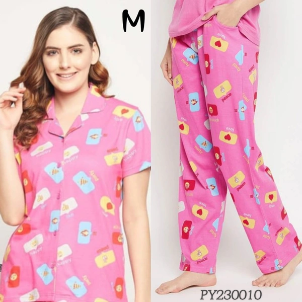 Clovia Button Down Shirt & Pyjama  Set |100% Cotton| Pink| PY230010 - M, Pink