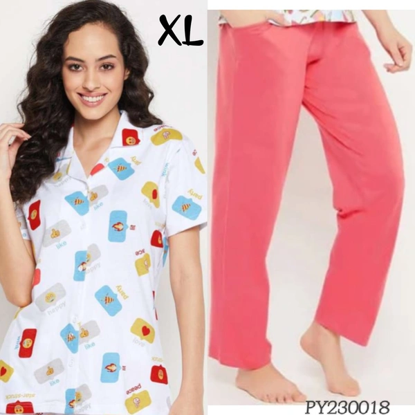 Clovia Button Down Shirt & Pyjama  Set |100% Cotton| White | PY230018 - XL, White