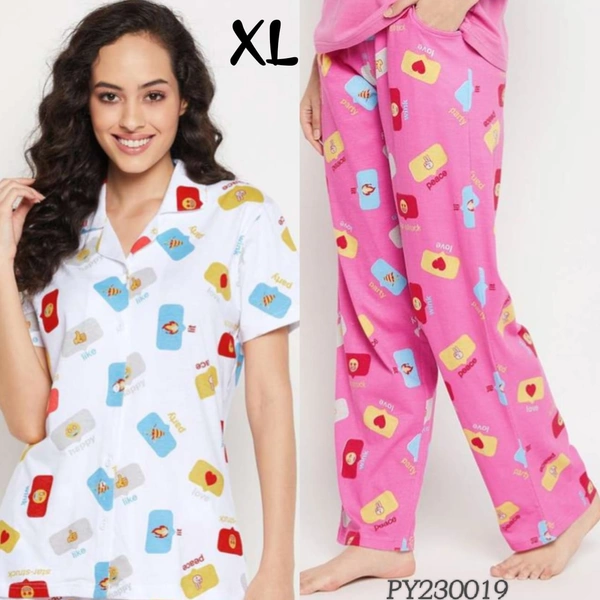 Clovia Button Down Shirt & Pyjama  Set |100% Cotton| White | PY230019 - XL, White