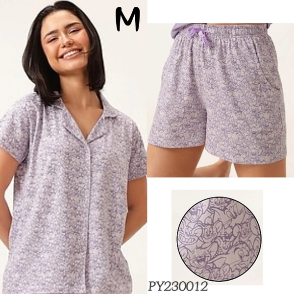 Clovia Button Down Shirt & Pyjama Short  Set |100% Cotton| Light Purple| PY230012 - M, Light Purple