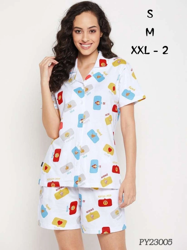Clovia Button Down Shirt & Pyjama Shorts Set |100% Cotton |White | PY23005 - M, White