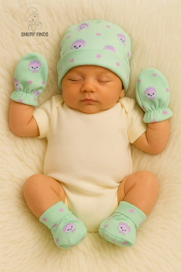 Smurf Finds Cap, Mittens & Booties set|Pack Contains 1 Set|100% Organic Cotton| Pista Green | SMMS7306 - 0-6 Month, Pista Green