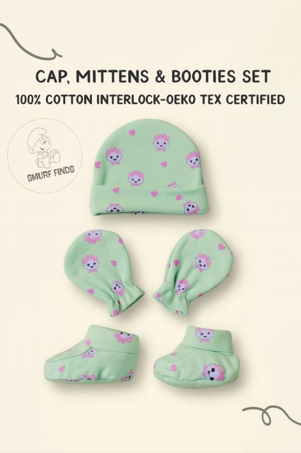 Smurf Finds Cap, Mittens & Booties set|Pack Contains 1 Set|100% Organic Cotton| Pista Green | SMMS7306 - 0-6 Month, Pista Green
