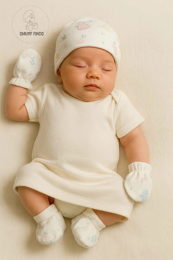 Smurf Finds Cap, Mittens & Booties set|Pack Contains 1 Set|100% Organic Cotton| White | SMMS7305 - 0-6 Month, White