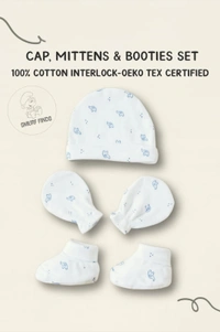 Smurf Finds Cap, Mittens & Booties set|Pack Contains 1 Set|100% Organic Cotton| White | SMMS7305 - 0-6 Month, White