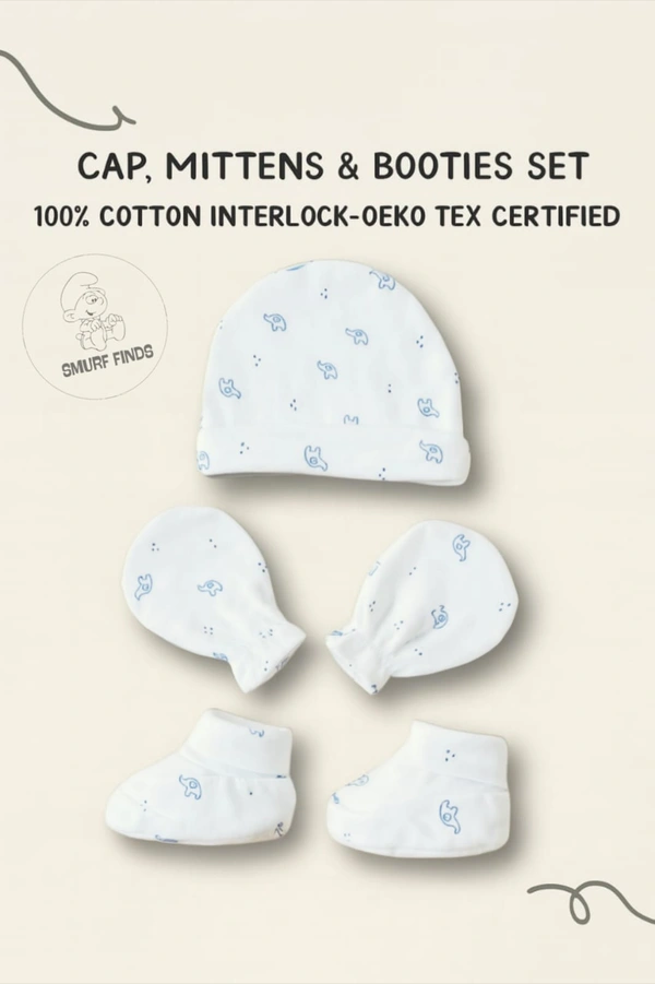 Smurf Finds Cap, Mittens & Booties set|Pack Contains 1 Set|100% Organic Cotton| White | SMMS7305 - 0-6 Month, White