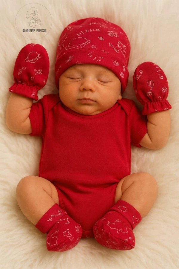 Smurf Finds Cap, Mittens & Booties set|Pack Contains 1 Set|100% Organic Cotton| White | SMMS7301 - 0-6 Month, Red