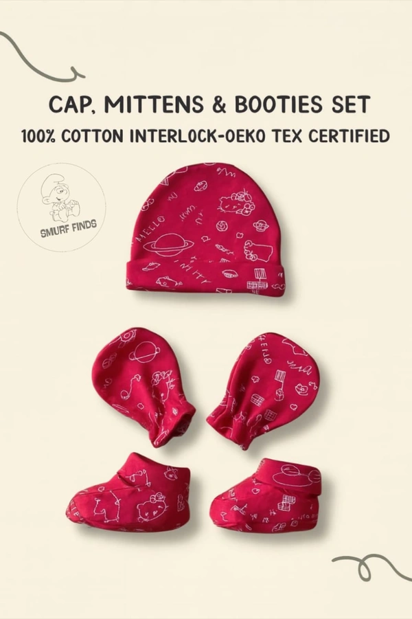 Smurf Finds Cap, Mittens & Booties set|Pack Contains 1 Set|100% Organic Cotton| White | SMMS7301 - 0-6 Month, Red