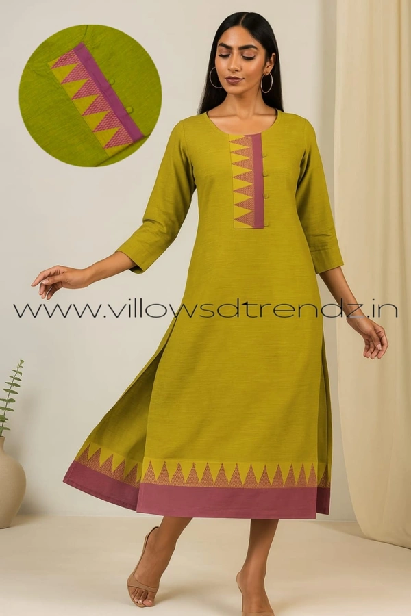 Twill Blue Chettinad Cotton Kurtis| Side cut |3/4th sleeve| Green |CK23533 - L, Green