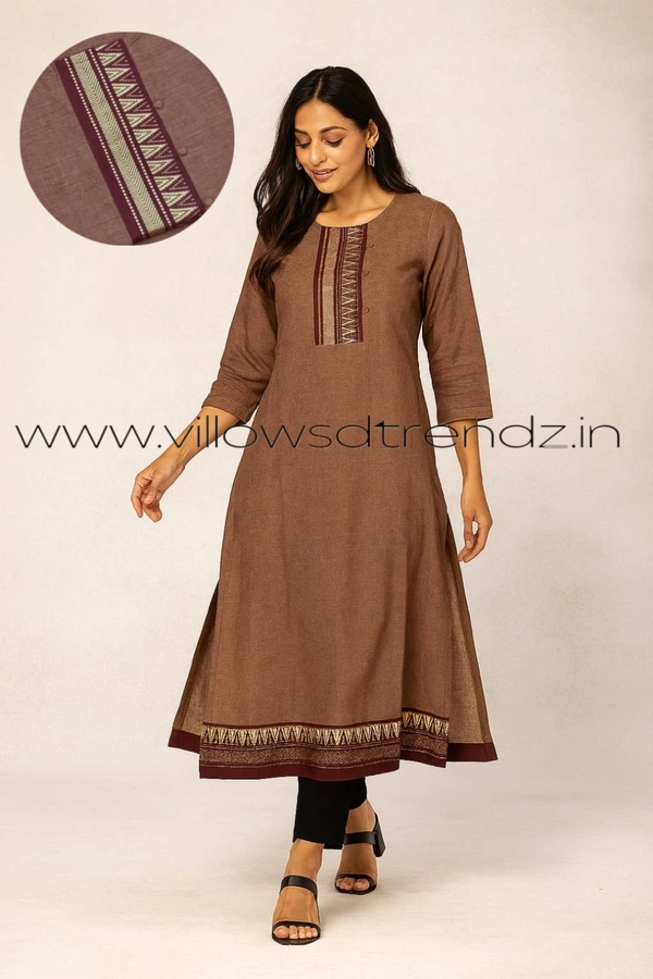 Twill Blue Chettinad Cotton Kurtis| Side cut |3/4th sleeve| Half Brown | CK22546 - 2XL, Half Brown
