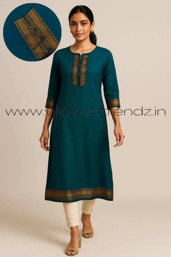 Twill Blue Chettinad Cotton Kurtis| Side cut |3/4th sleeve| Rama Green| CK23535 - 2XL, Rama Green
