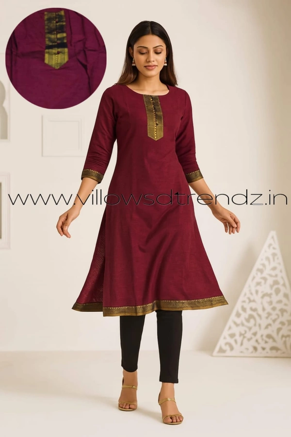 Chettinad Cotton Kurtis| Side cut |3/4th sleeve|Beetroot Colour| CK22565