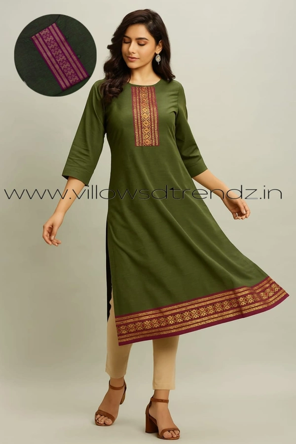 Twill Blue Chettinad Cotton Kurtis| Side cut |3/4th sleeve|Green | CK23532 - M, Green