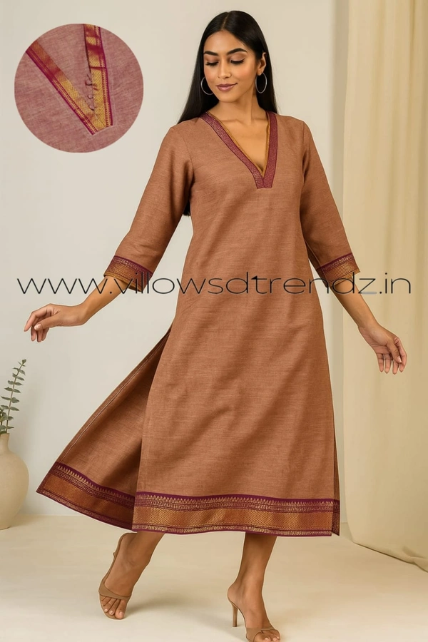 Twill Blue Chettinad Cotton Kurtis| Side cut |3/4th sleeve|Peach Pink| CK22549 - M, Peach Pink